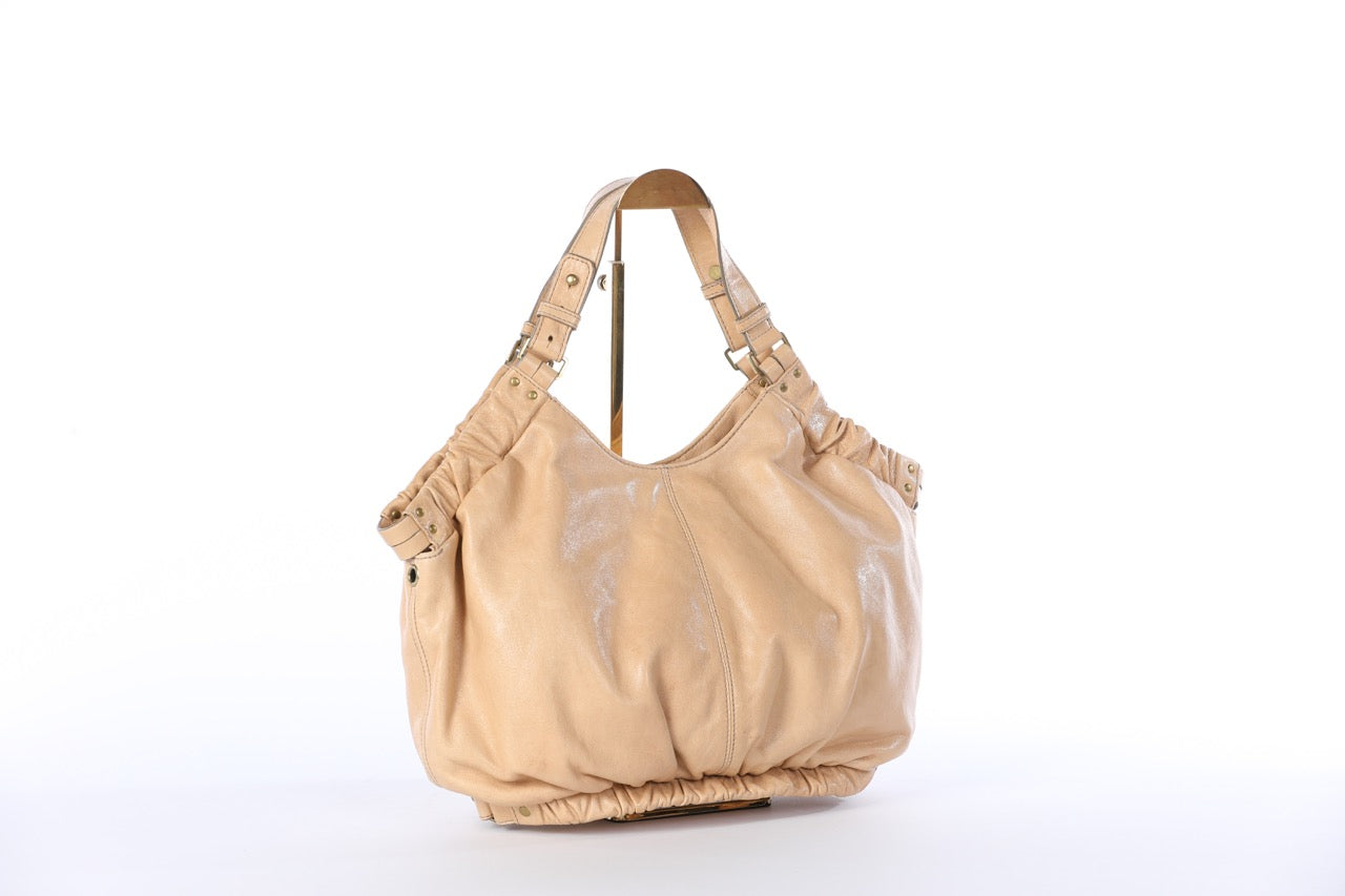 Kooba Tan Leather Shoulder Bag w/ Gold Hardware & Ruching Along Top