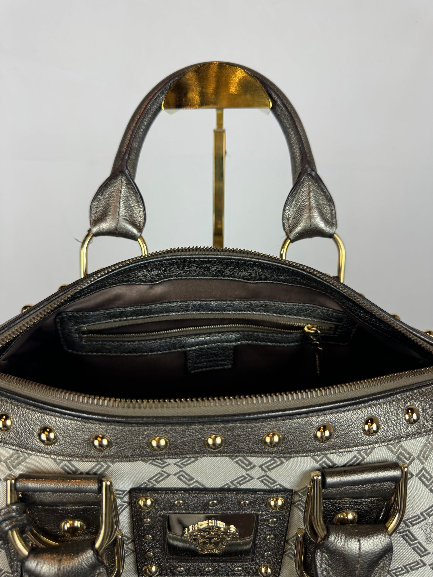 Versace Beige Metallic Leather Gold tone Hardware "Madonna Boston" Tote Bag