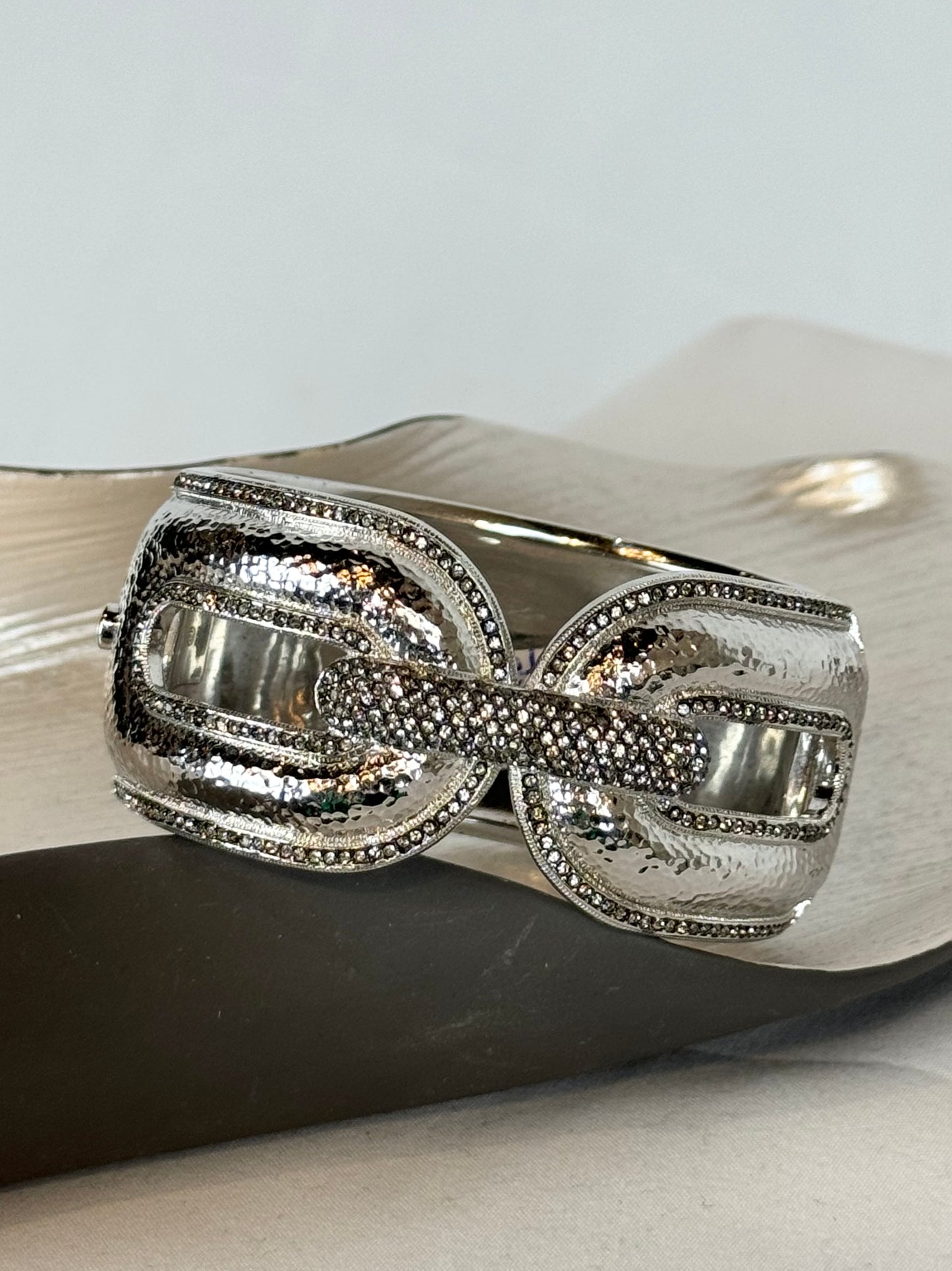 Silver Tone Metal Hinge Cuff Bracelet w Hammered Texture & Crystal Accent