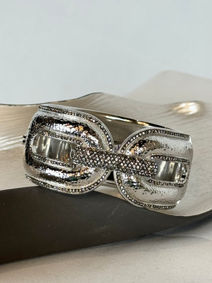 Silver Tone Metal Hinge Cuff Bracelet w Hammered Texture & Crystal Accent