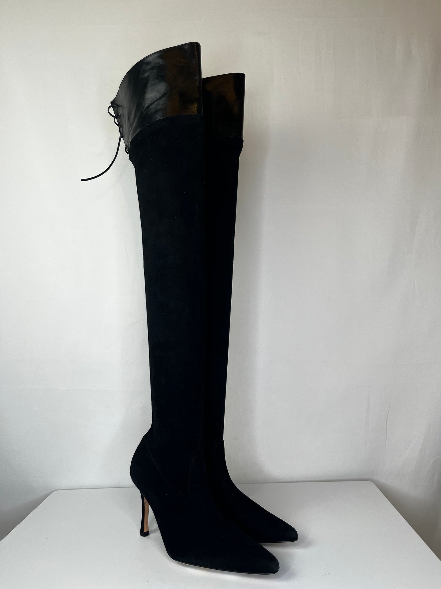 Manolo Blahnik Black Suede Pointed Toe Over the Knee Boots
