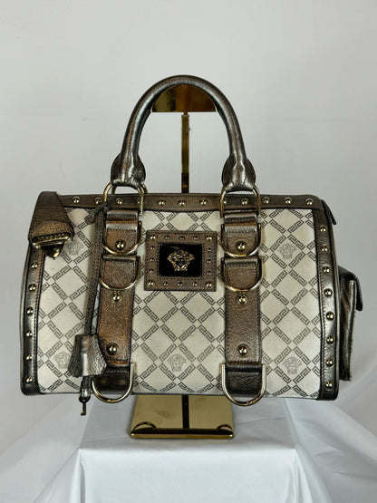 Versace Beige Metallic Leather Gold tone Hardware "Madonna Boston" Tote Bag