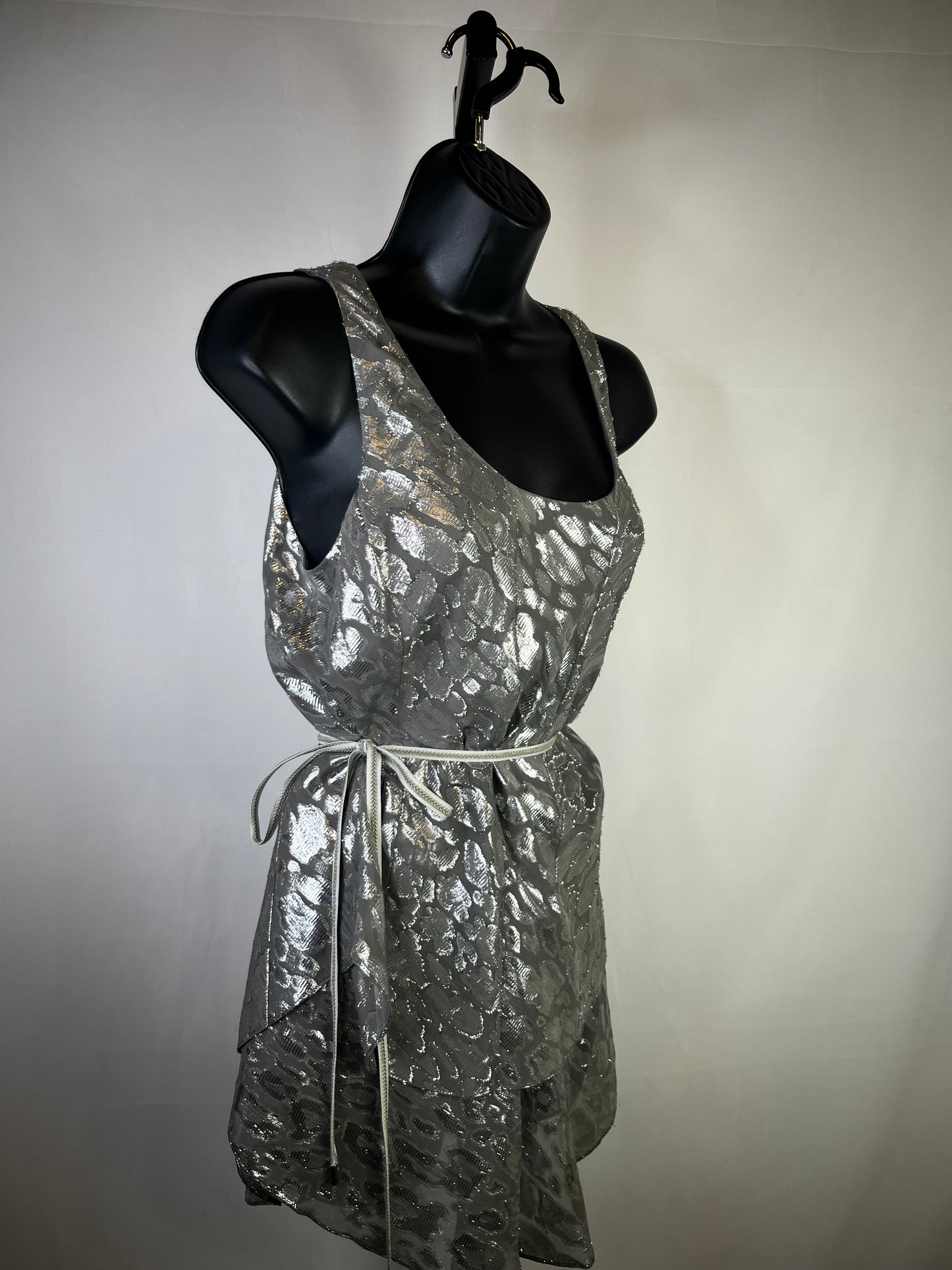 Etcetera Silk Grey & Silver Sleeveless Blouse w/ Waist Tie