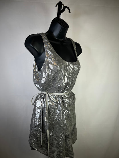 Etcetera Silk Grey & Silver Sleeveless Blouse w/ Waist Tie