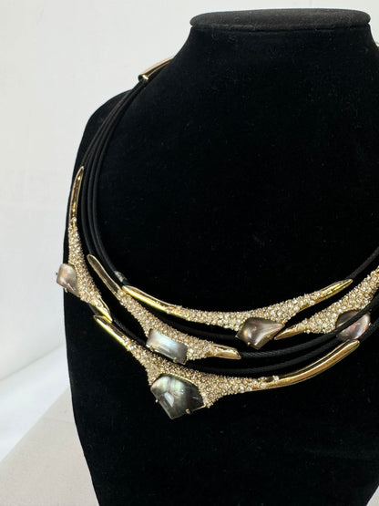 Alexis Bittar 3 Coil Strand Gold Statement Necklace w Diamonds & Stone Detail