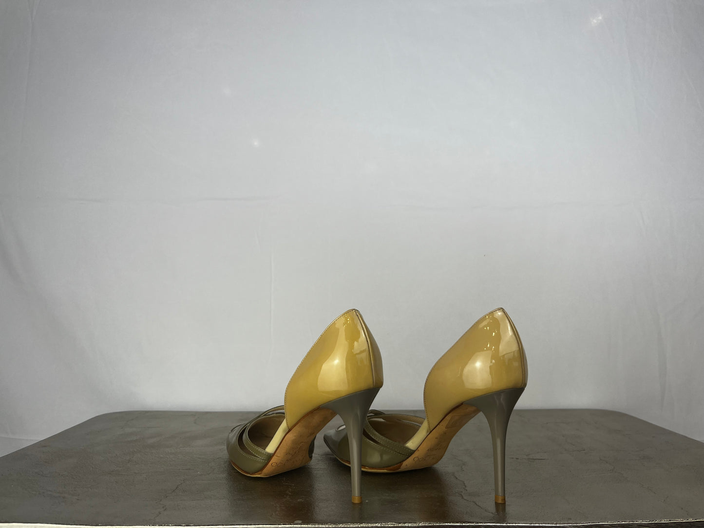 Jimmy Choo Sage Green & Beige Yellow Colorblock Pointed Toe Cross Strap Pumps
