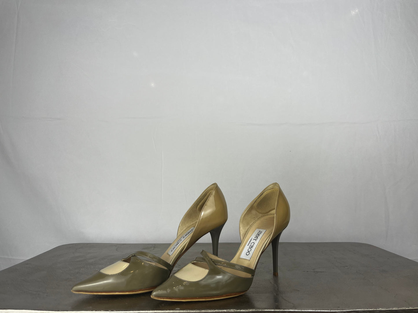 Jimmy Choo Sage Green & Beige Yellow Colorblock Pointed Toe Cross Strap Pumps