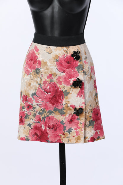 Dolce & Gabbana Pink Floral Mini Skirt w Black Jewel Detail