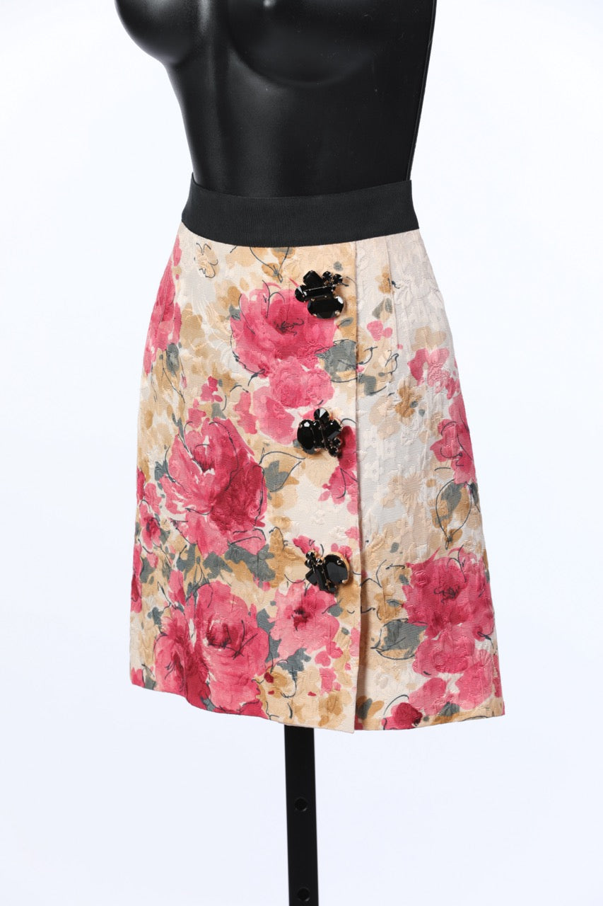 Dolce & Gabbana Pink Floral Mini Skirt w Black Jewel Detail