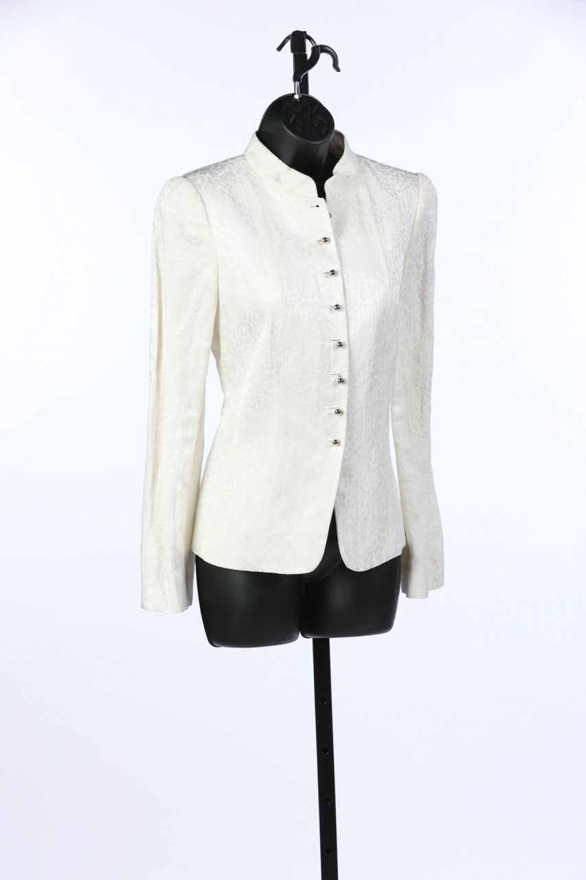Armani Collezioni White Subtle Cheetah Print Button Up Jacket w Pleated Coat Tail