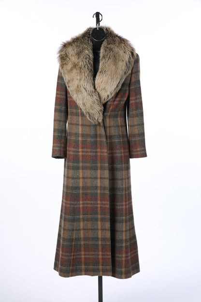 Ralph Lauren Alpaca Wool Plaid Fur Collar Full-Length Coat