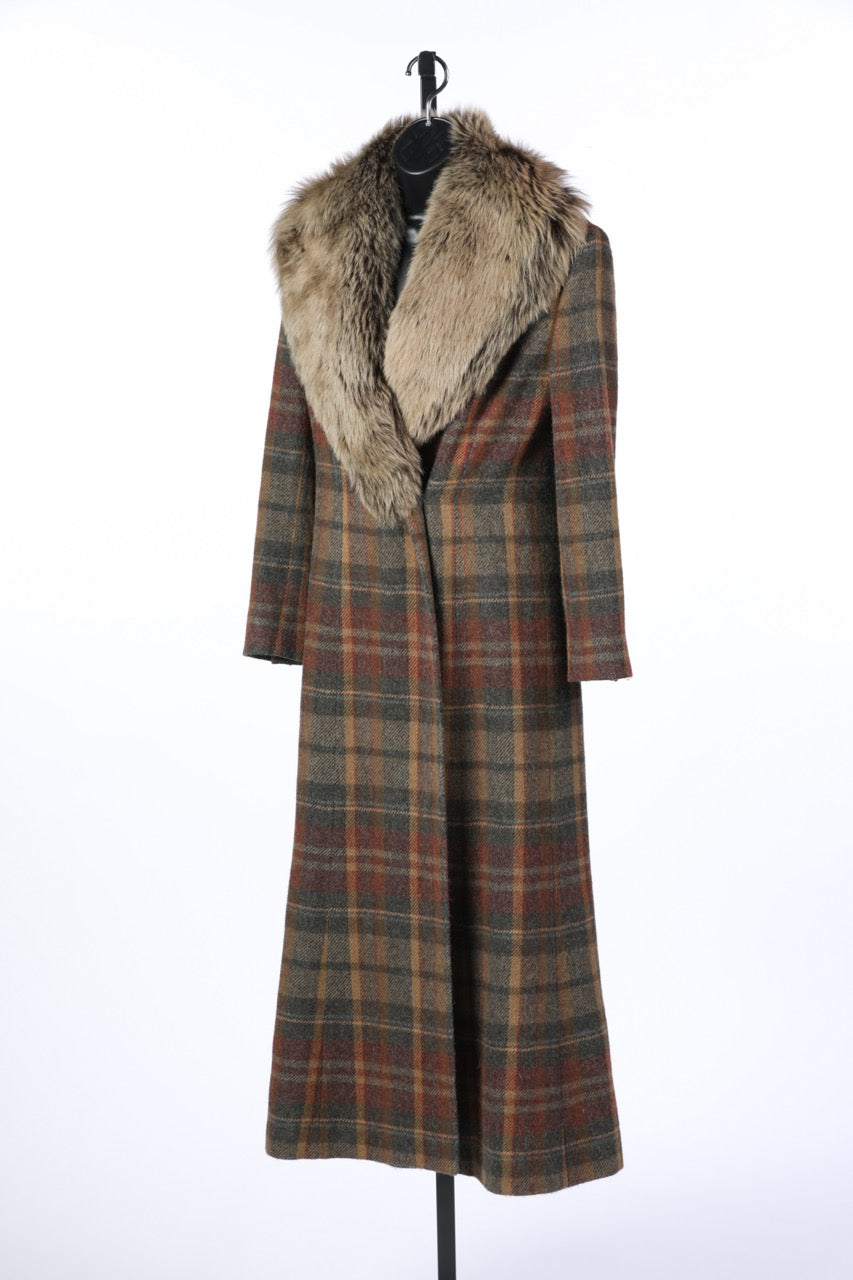 Ralph Lauren Alpaca Wool Plaid Fur Collar Full-Length Coat