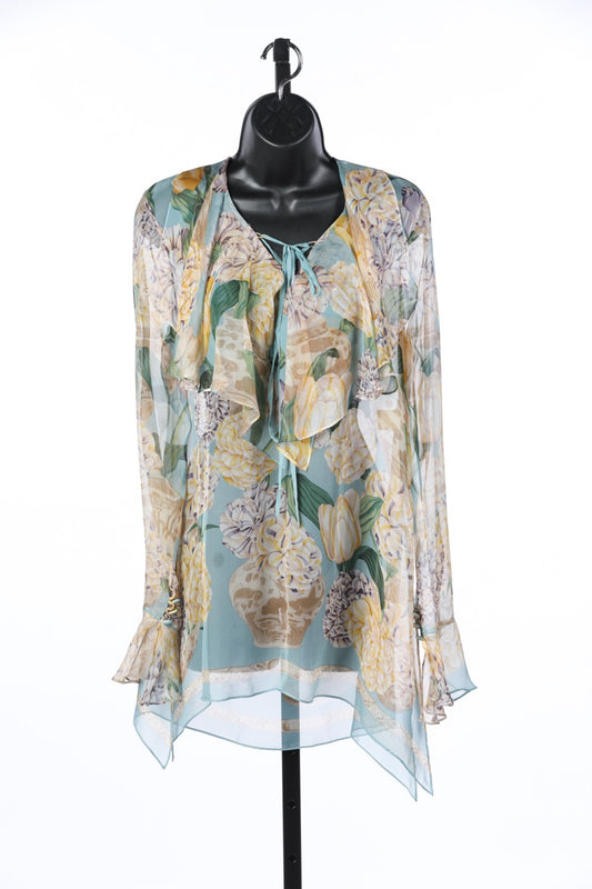 Gucci Purple/Blue/Yellow Floral Sheer Flouncy Long Sleeve Blouse