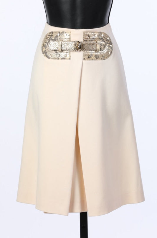Gucci Cream Knee-Length Skirt With Snakeskin Front Buckle