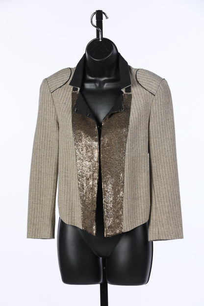 Chloe Tan, Black & Gold Wool Tweed Sequin Embellished Pinstriped Jacket