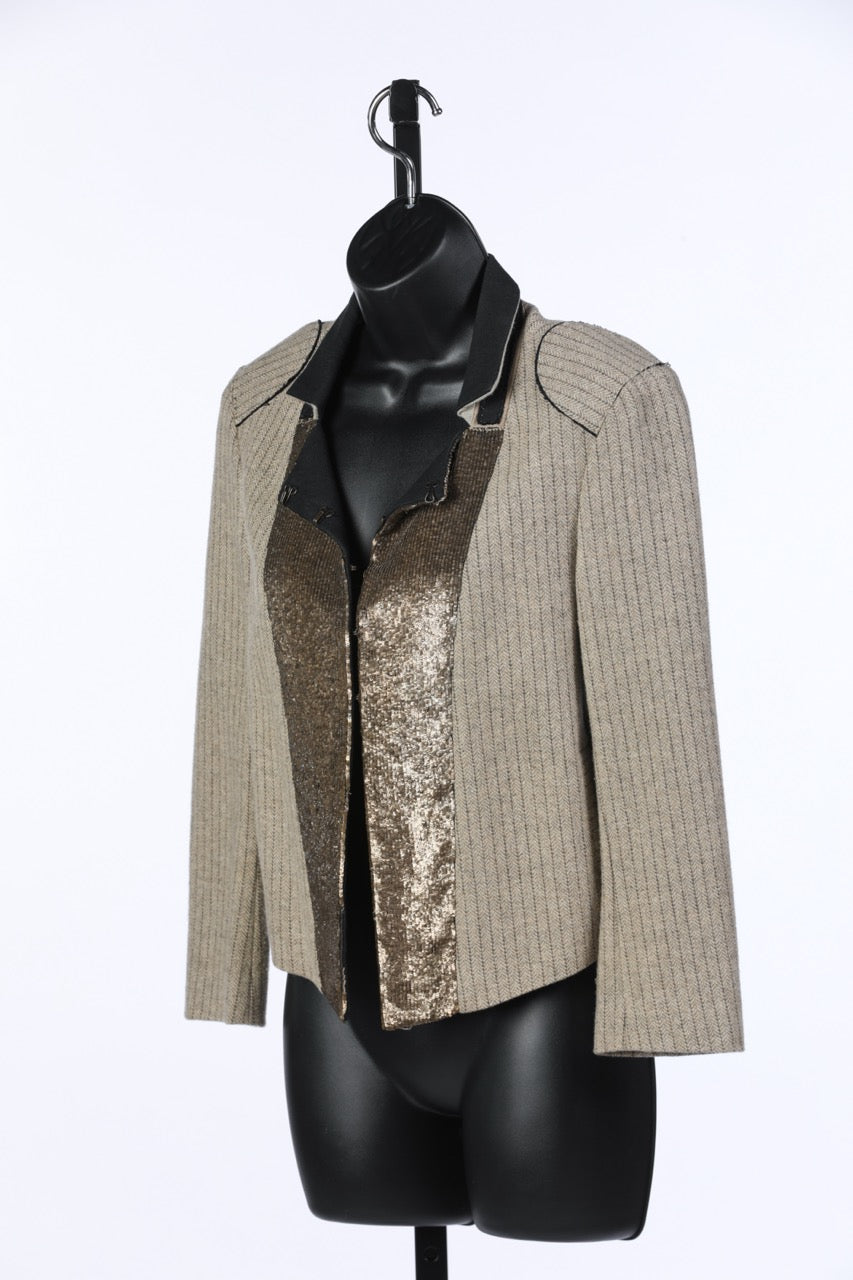 Chloe Tan, Black & Gold Wool Tweed Sequin Embellished Pinstriped Jacket