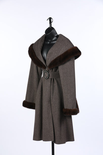 (KITS HOUSE) Loro Piana Brown Cashmere Wool Fur Collared Coat