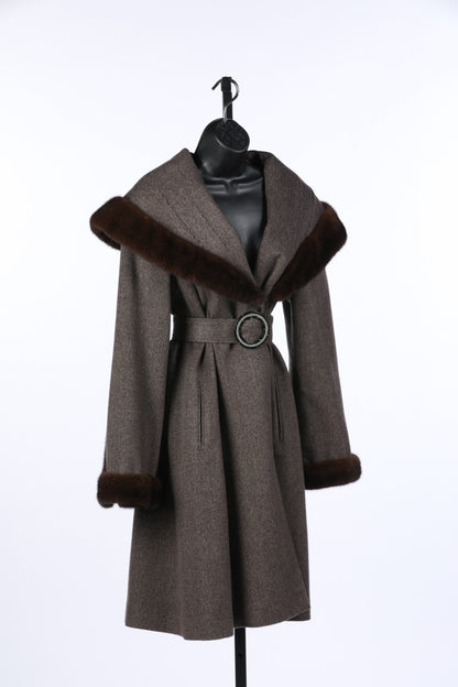 (KITS HOUSE) Loro Piana Brown Cashmere Wool Fur Collared Coat