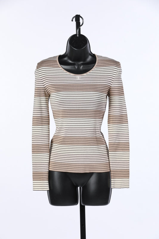 Chanel Multi Color Beige Stripe Long Sleeve Sweater w Embroidered Logo