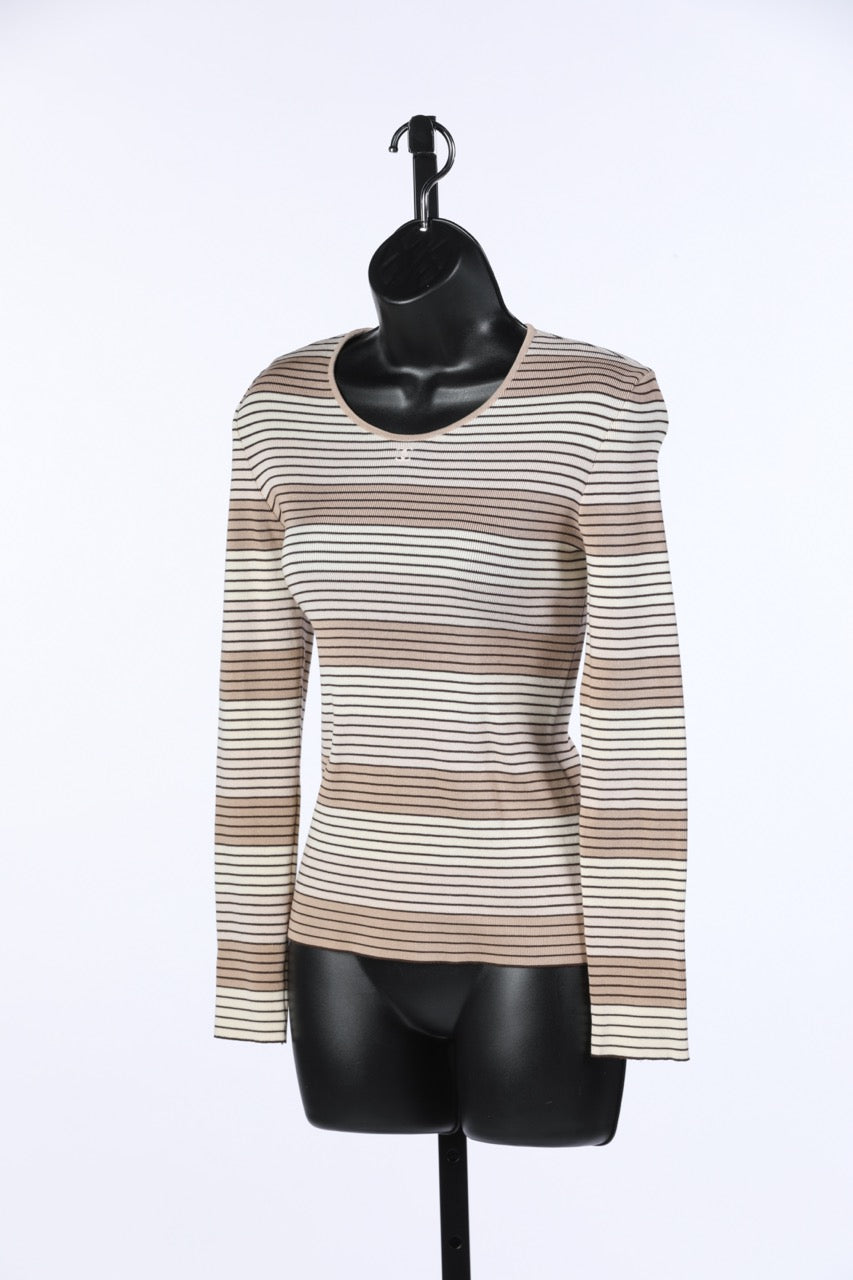 Chanel Multi Color Beige Stripe Long Sleeve Sweater w Embroidered Logo