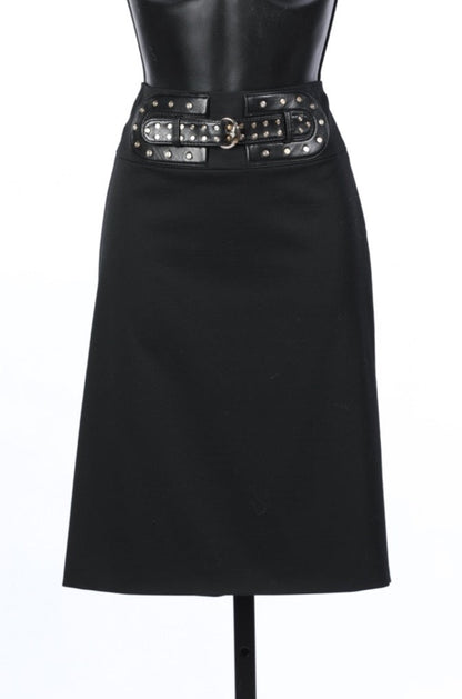 Gucci Black Knee-Length Front Buckle Skirt w Studs