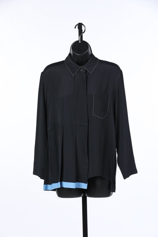 Marni Navy w Baby Blue Asymmetrical Button Up Long Sleeve Blouse w Side Pleating NWT