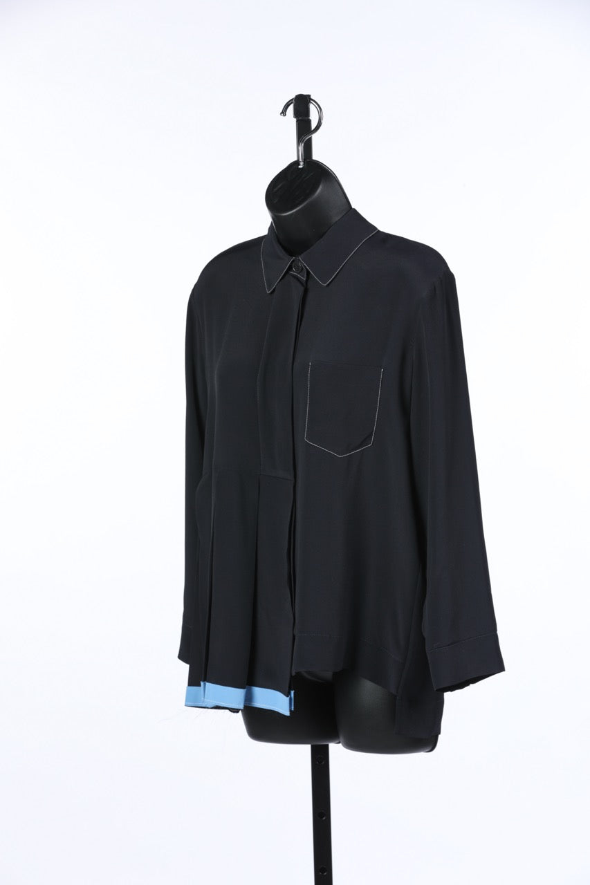 Marni Navy w Baby Blue Asymmetrical Button Up Long Sleeve Blouse w Side Pleating NWT