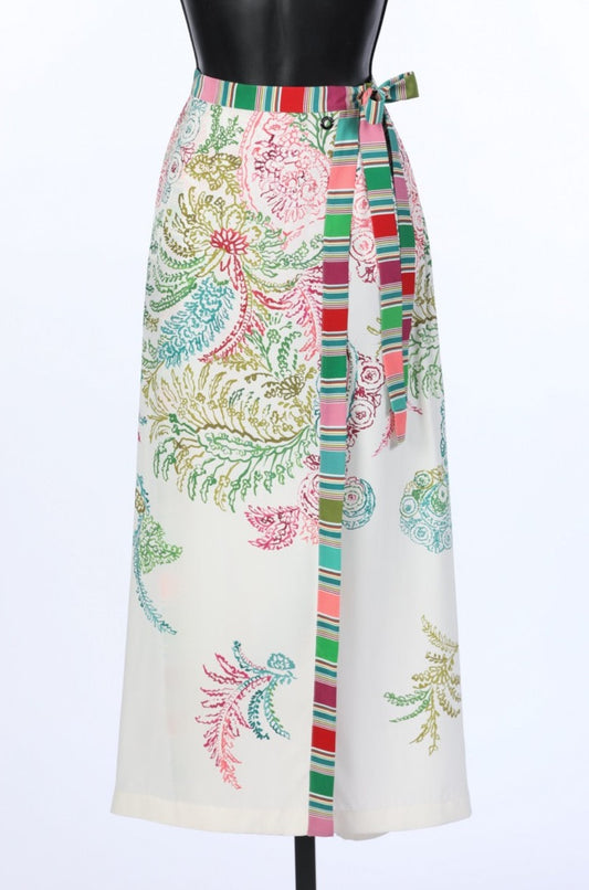Loro Piana White & Multicolor Abstract Floral Silk Midi Skirt