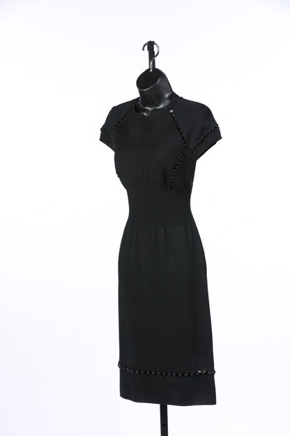 Bottega Veneta Black Short Sleeve Side Zip Beaded Design Elastic Waist Midi Dress