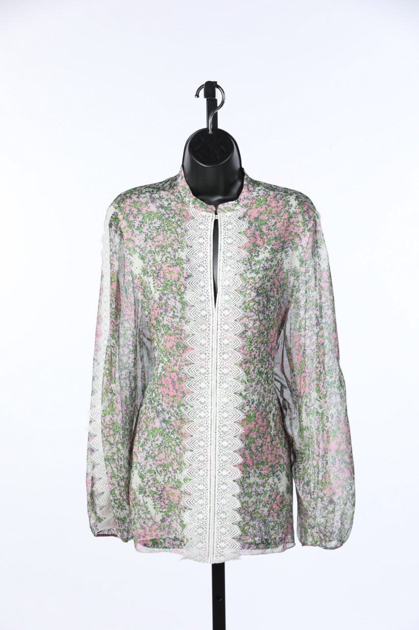 Giambattista Valli Green & Pink Floral Silk Blouse w Lace Detailing