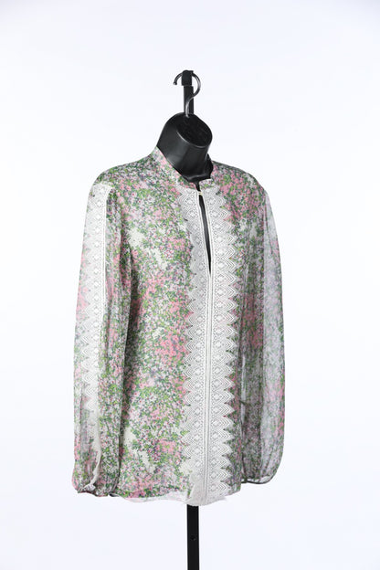 Giambattista Valli Green & Pink Floral Silk Blouse w Lace Detailing