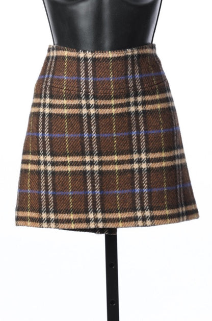 Burberry Brown Wool Plaid Mini Skirt w/ Blue
