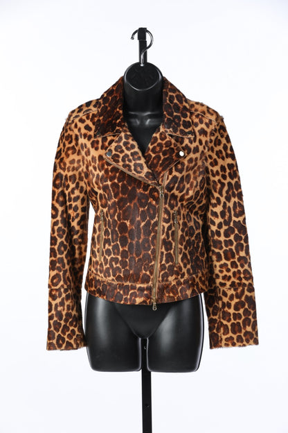 L'Agence Calf Hair Leopard Print Moto Jacket
