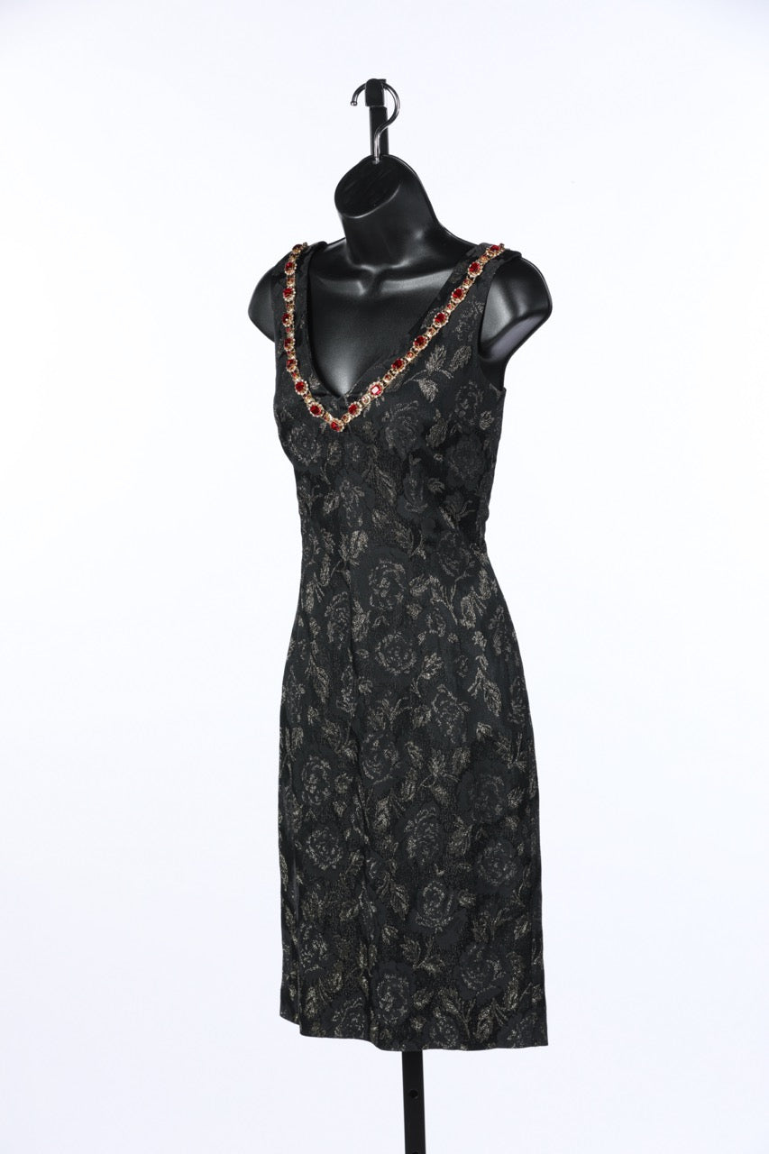 Dolce & Gabbana Black & Gold Floral Pattern Sleeveless Mini Dress w Gold/Red Jewels on Neckline