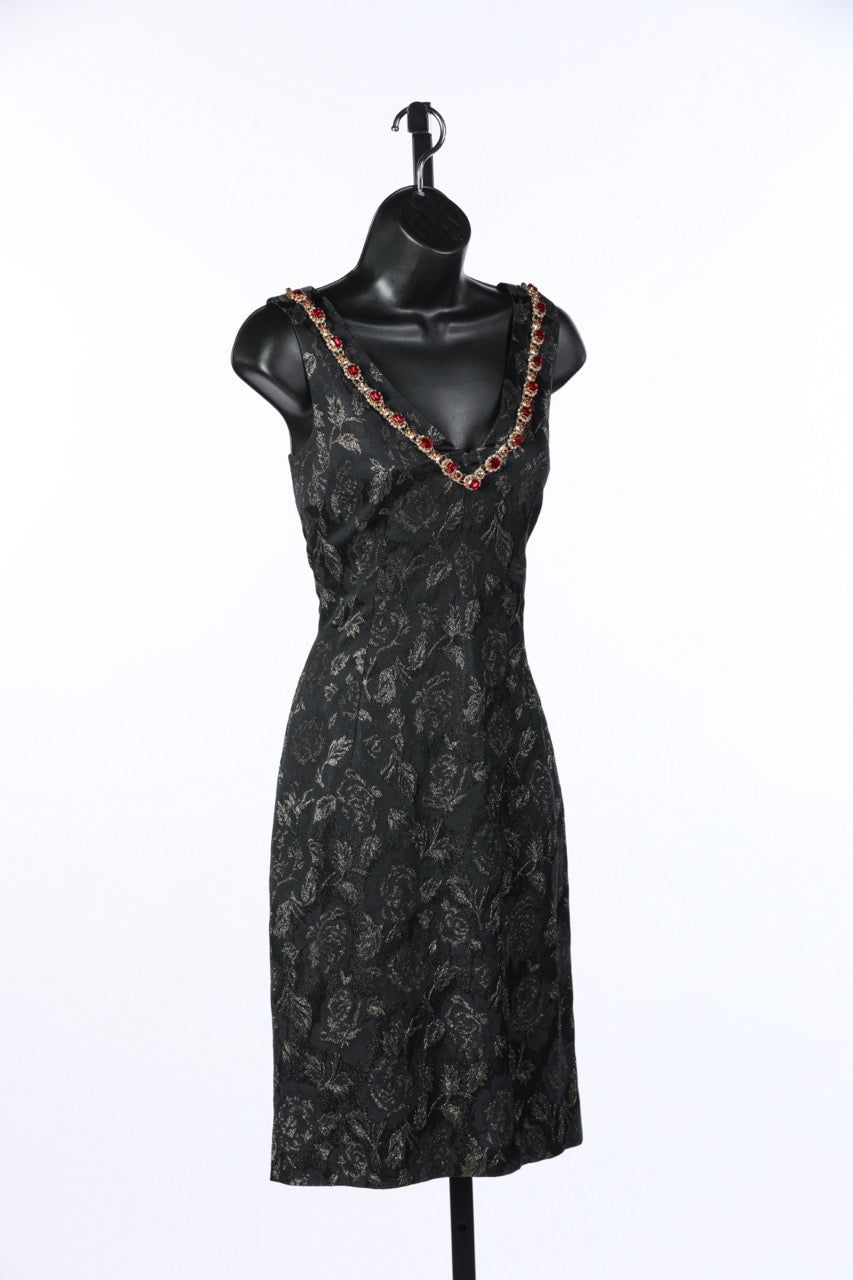 Dolce & Gabbana Black & Gold Floral Pattern Sleeveless Mini Dress w Gold/Red Jewels on Neckline