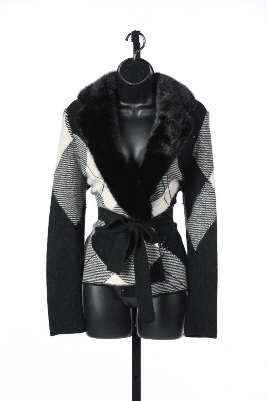 Valentino Black & White Plaid Fur Collar Tie Waist Sweater w Sequin Details
