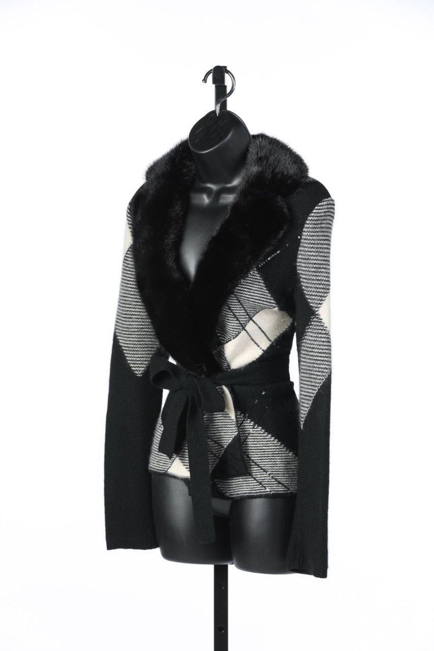Valentino Black & White Plaid Fur Collar Tie Waist Sweater w Sequin Details