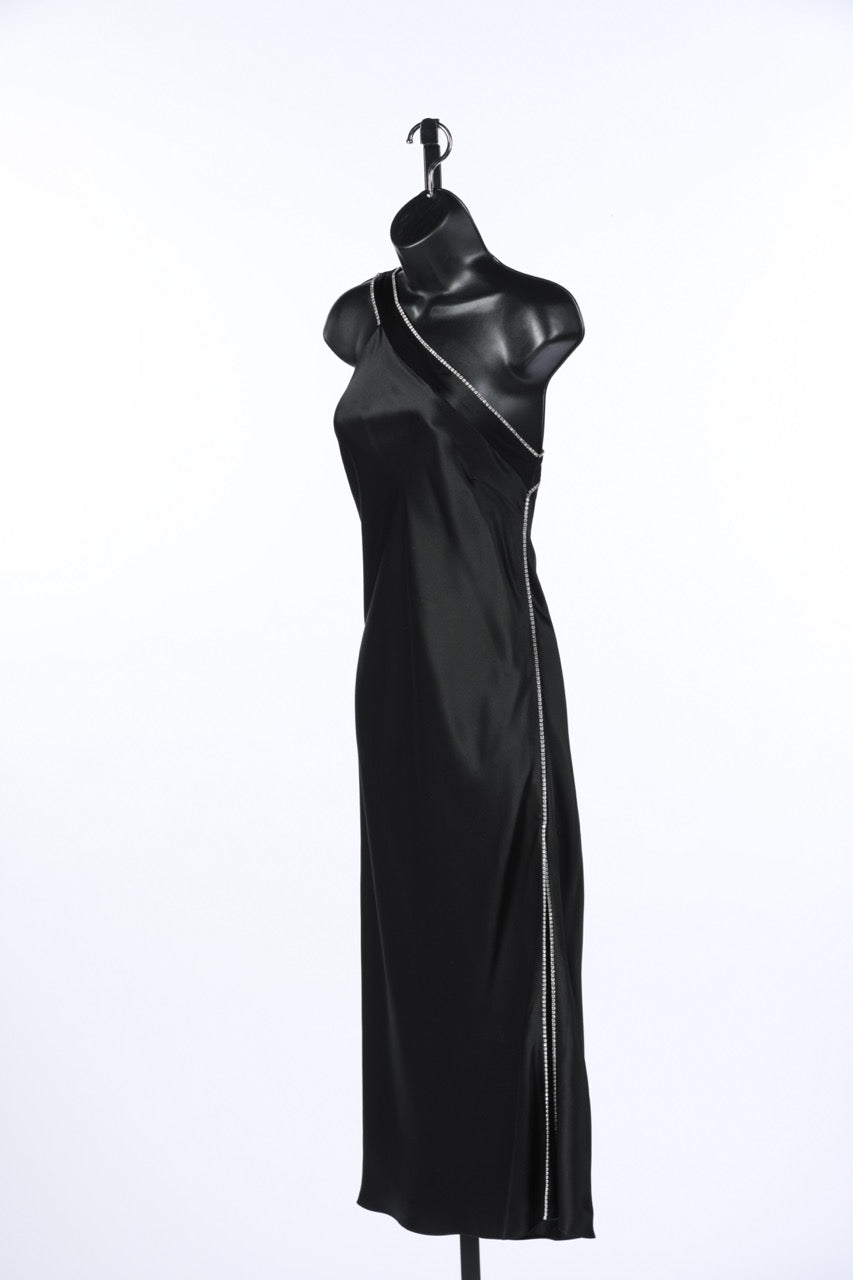 Michelle Mason Black Satin Rhinestone Hem Asymmetrical Cross Body Strap Midi Dress NWT