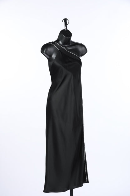 Michelle Mason Black Satin Rhinestone Hem Asymmetrical Cross Body Strap Midi Dress NWT