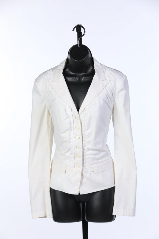 Prada White Long Sleeve Button-Up Jacket w Ruching