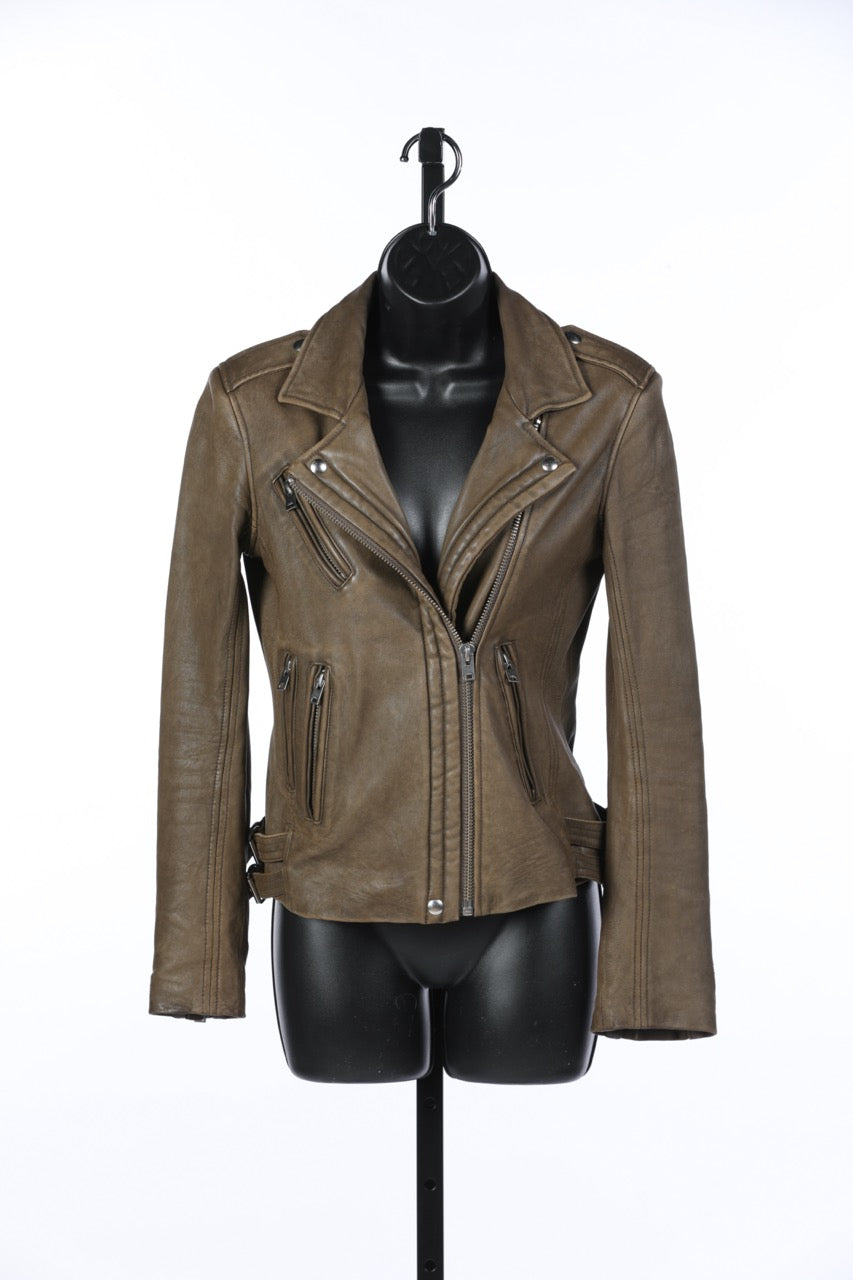 IRO Olive Green Distressed Leather Jacket w Multi Zips & Silver Details