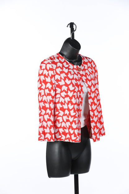 St. John Red & White Leaf Design Cropped Single Button Cardigan Sweater