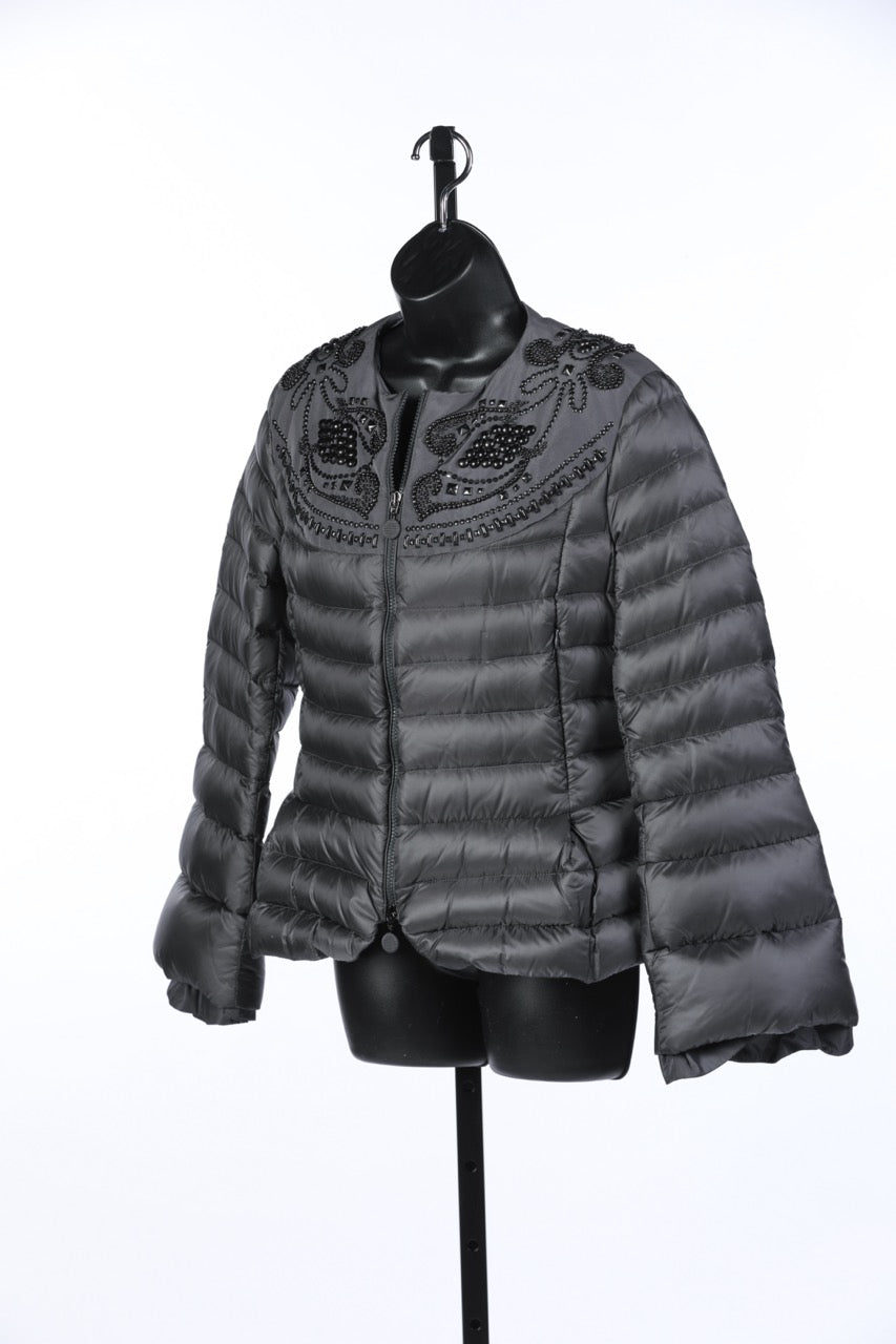 Moncler Silver Beaded Puffer Jacket w Bell Sleeves