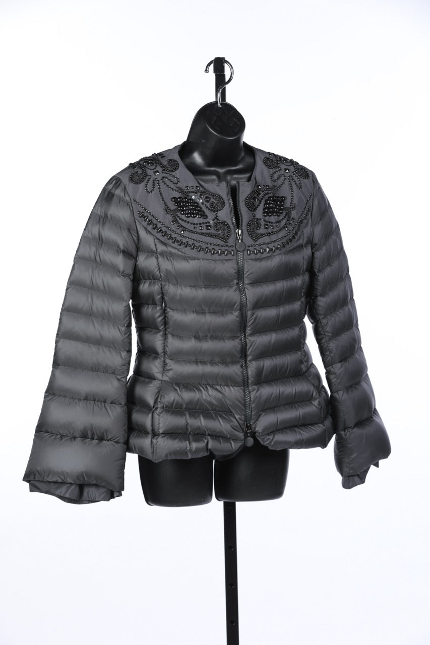 Moncler Silver Beaded Puffer Jacket w Bell Sleeves