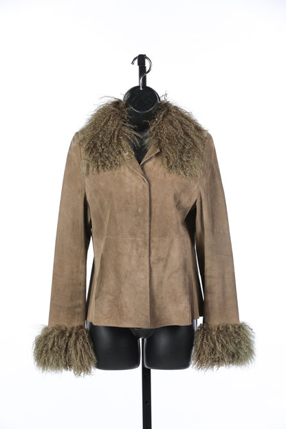 Julio Mocha Suede Leather Button Up Jacket w Fur Hem & Collar
