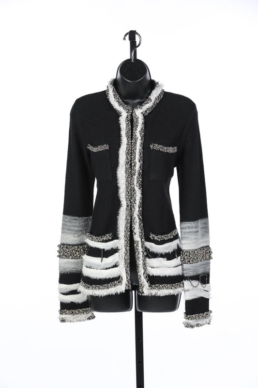 Diane Von Furstenberg Black Wool Beaded Hem Jacket w Hook & Eye Closure