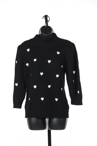 Anthropologie Black Sweater w Embroidered White Heart Pattern
