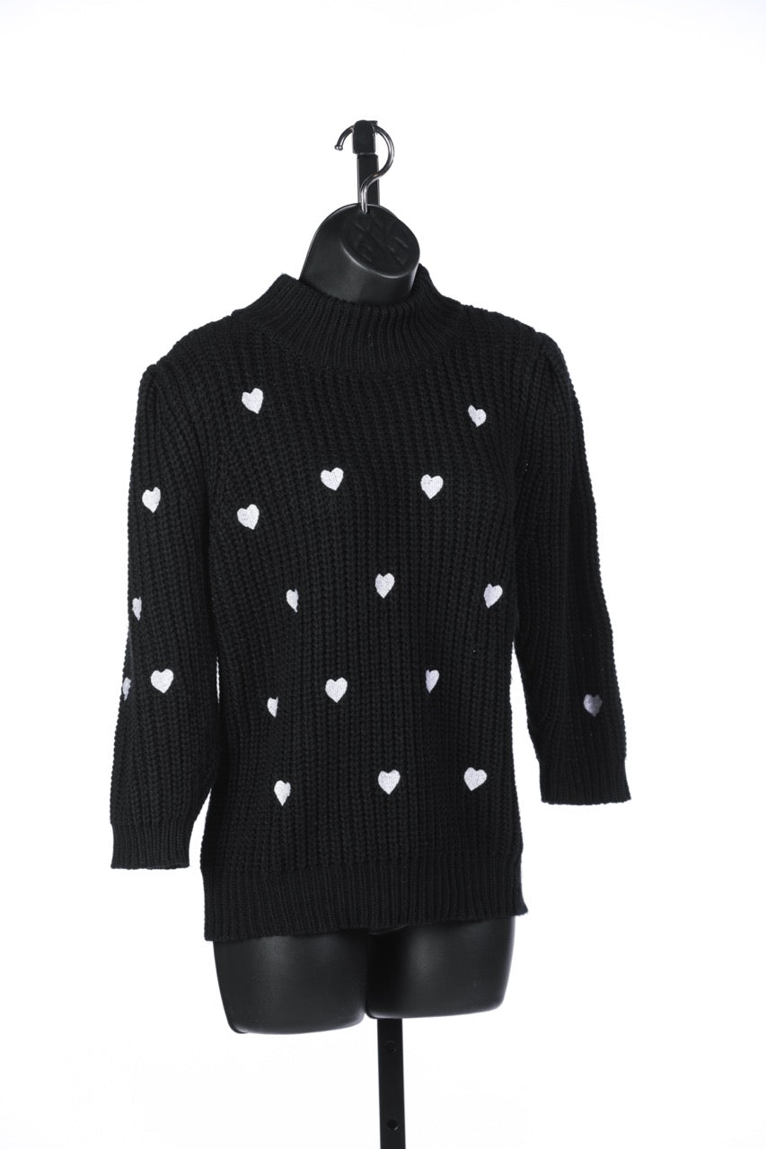 Anthropologie Black Sweater w Embroidered White Heart Pattern