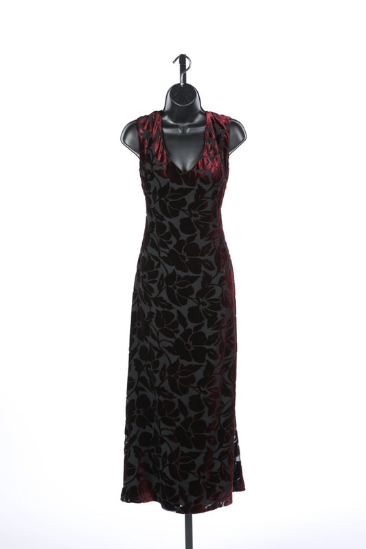 St John Black & Burgundy Silk & Velvet Floral "Burnout" Sleeveless Midi Dress