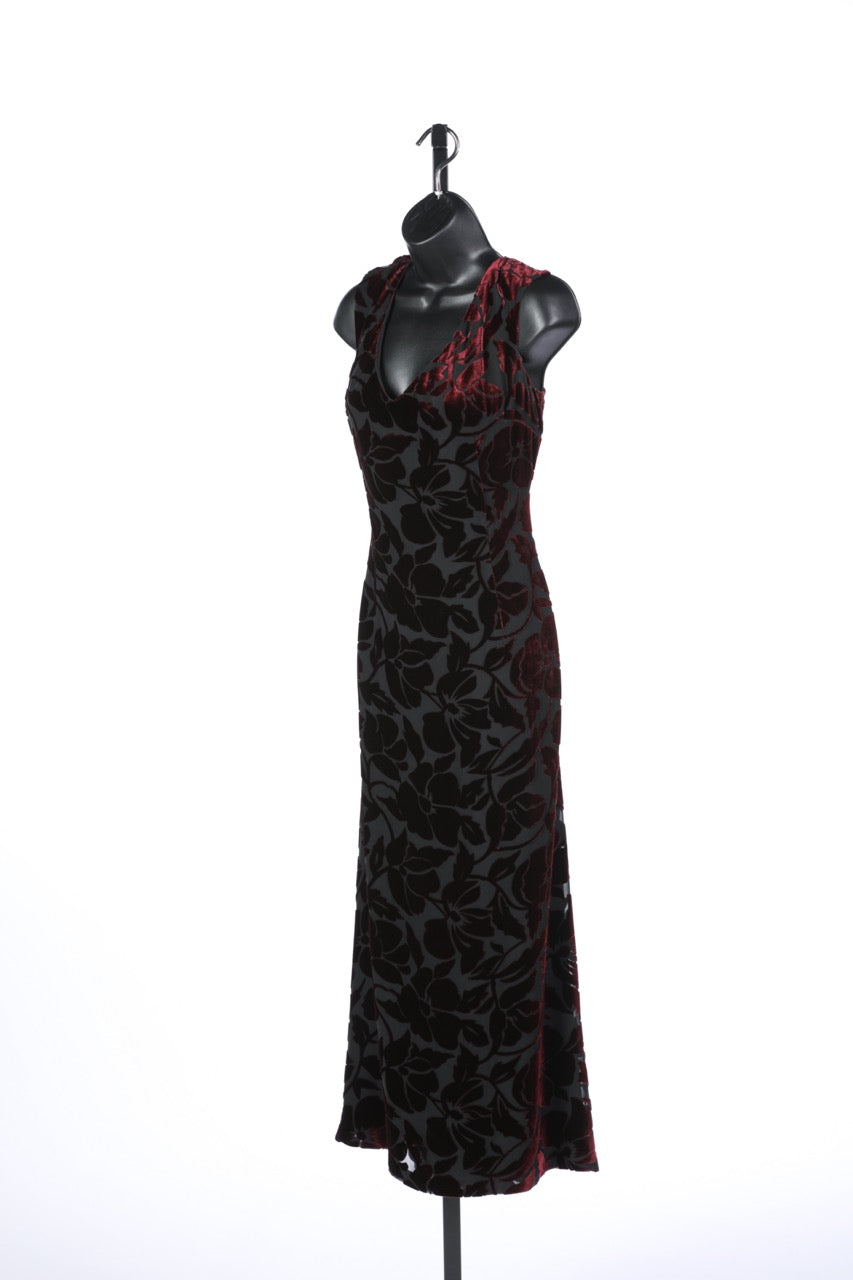 St John Black & Burgundy Silk & Velvet Floral "Burnout" Sleeveless Midi Dress